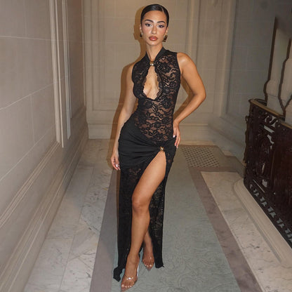 Cross-border hot selling women's clothing 2025 summer new sexy lace cut-out high slit sleeveless slim hip wrap dress