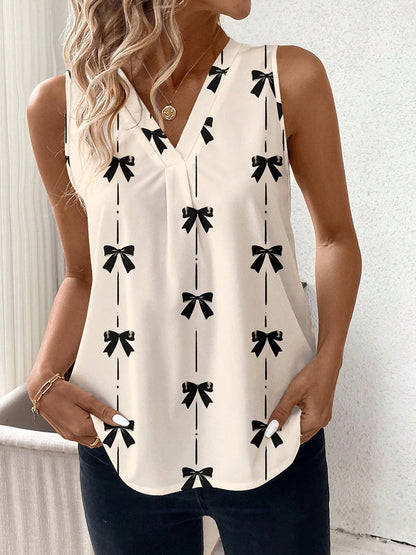 EuroChic 2025 Women’s Bow Tie V-Neck Sleeveless Summer Blouse Top