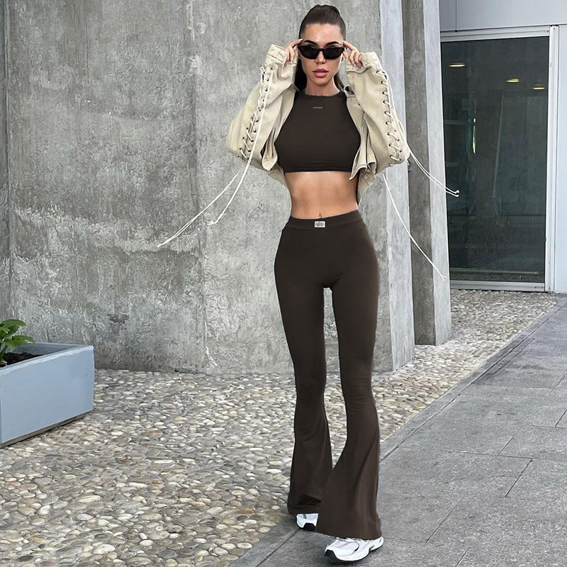 Cross-border European and beautiful clothing autumn and winter new temperament, solid color long-sleeved crop top, high-waisted loose bootcut pants, two-piece set