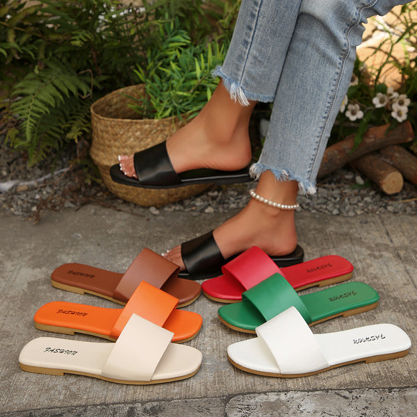 European and American cross-border women's shoes, export fashion slippers, classic, simple, versatile, solid color metallic decorative square-toe flat sandals