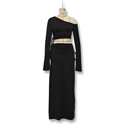 Foreign trade autumn and winter new women's temperament, solid color diagonal collar, one shoulder, crop navel, long sleeve top, hip hugging skirt, women