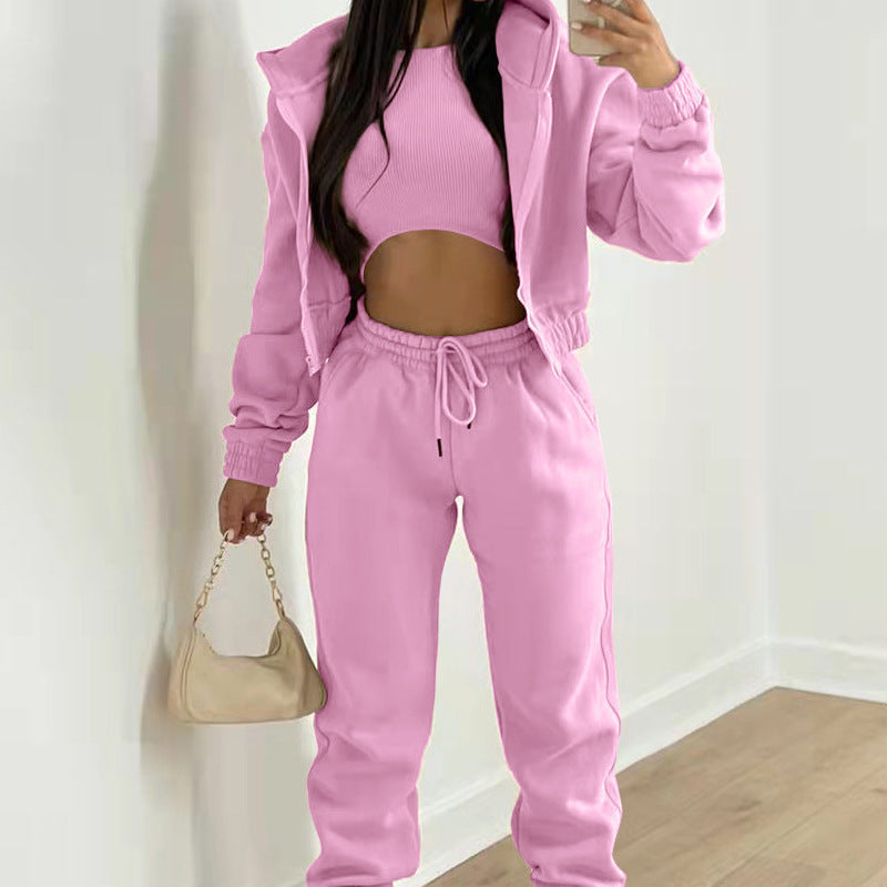 2026 Spring New Cross-border Women's AliExpress Solid Color Simple Hooded Sweatshirt Sports Leisure Pants Three-Piece Set