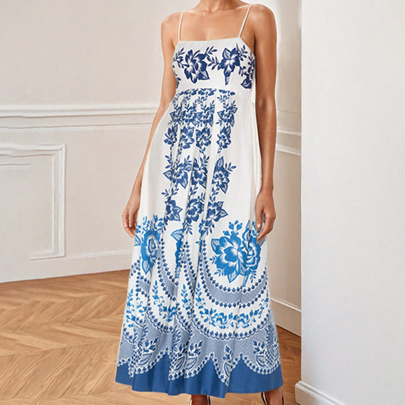 2026 spring cross-border independent station Amazon cross-border women's clothing graffiti resort style high-waisted slimming slip dress