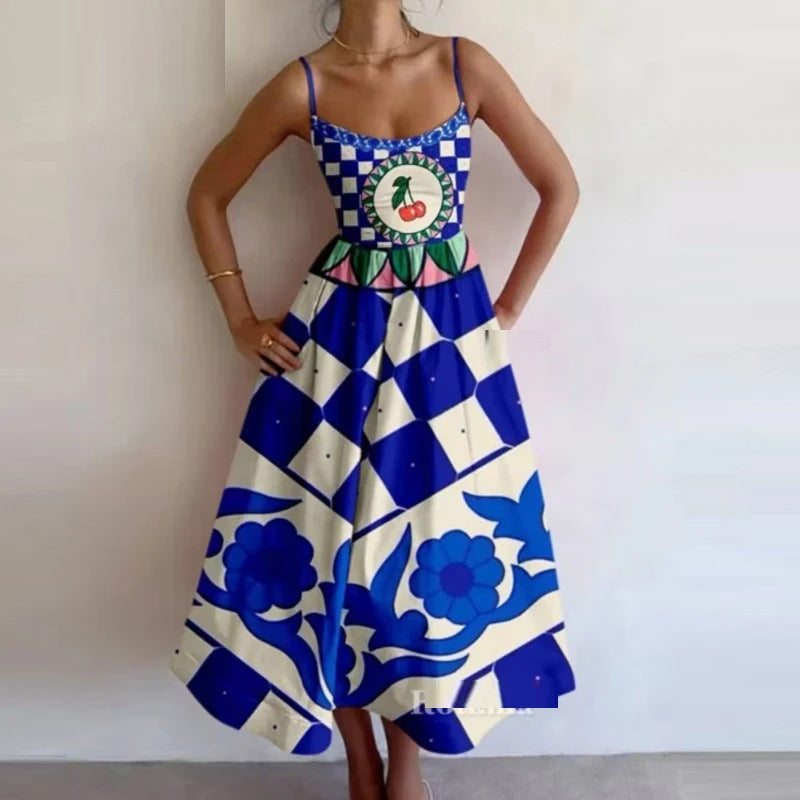 Amazon's new cross-border European and American fashion print pleated waist slip dress for spring 2026