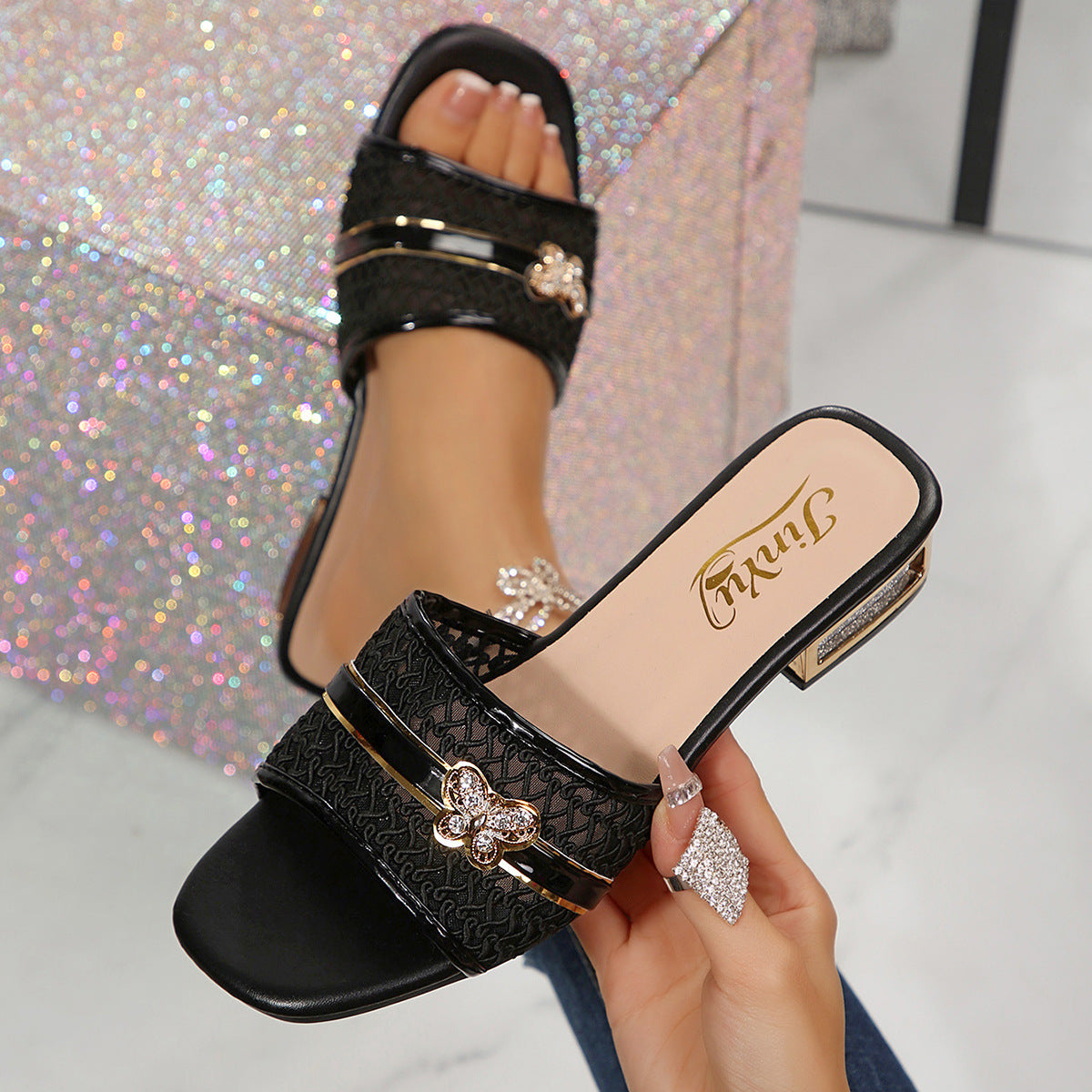 European and American cross-border foreign trade wholesale high-heeled sandals for women, elegant versatile decorative buttoned square-toe sandals
