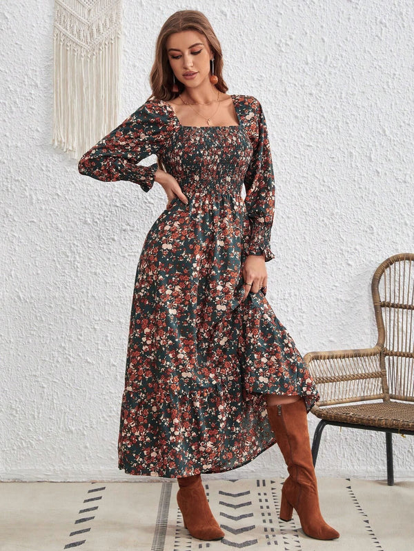 Spot 024 European and American foreign trade new AliExpress Amazon temu fashion print boat neck long sleeve dress