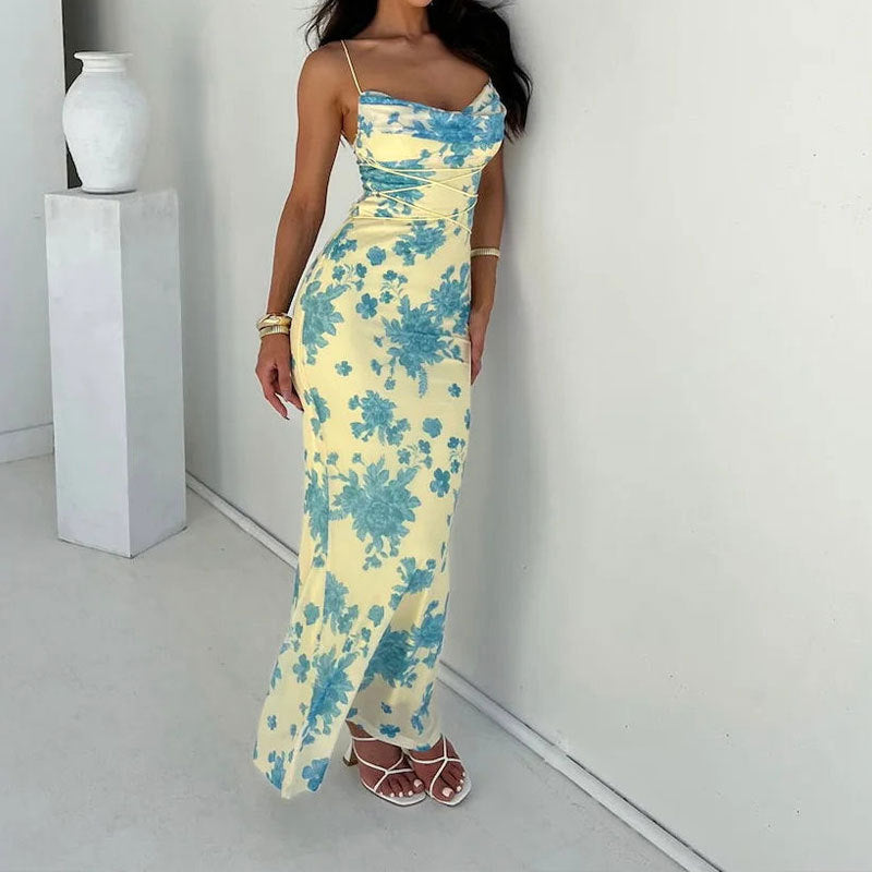 European and American clothing 2026 new strap-on long skirt floral slim hip print pocket collar suspender European and American dress