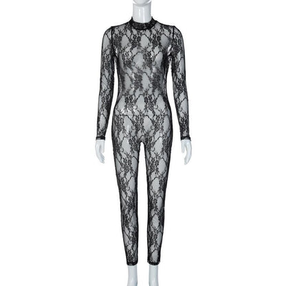 European and American cross-border lace see-through jumpsuit women's 2023 new summer slim fashion sexy long-sleeved jumpsuit for women