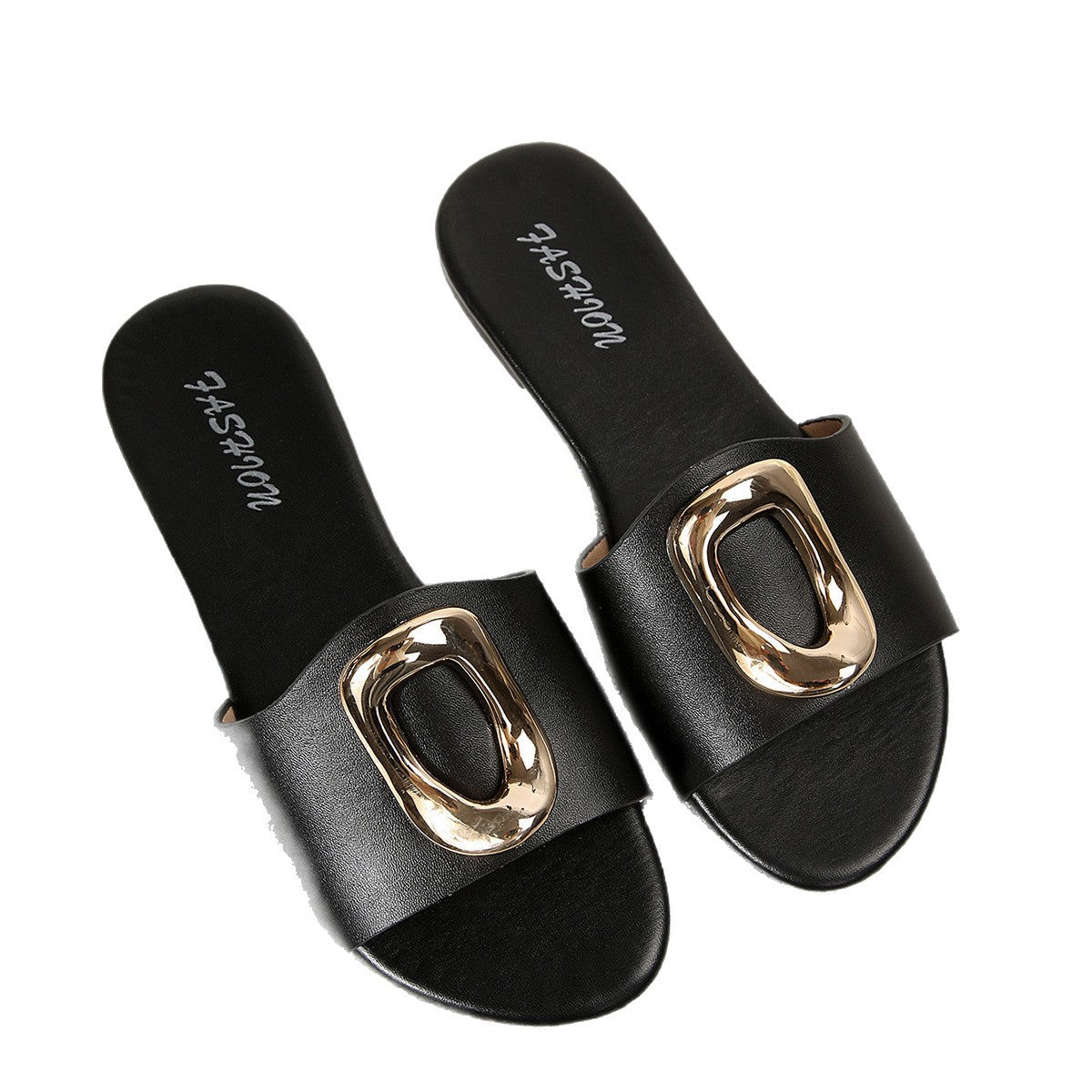 European and American cross-border women's shoes wholesale, foreign trade fashion slippers, elegant versatile decorative buckle round toe flat sandals