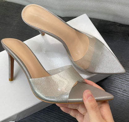 2026 Summer Transparent PVC Stiletto Heel High Heel Slippers Women's European and American Style Pointed Toe Open-toe Sandals Women's Shoes Show Leg Length