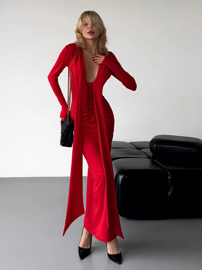 Cross-border autumn new temperament solid color streamer slim long-sleeved dress sexy deep V-neck slimming hip-hugging skirt for women