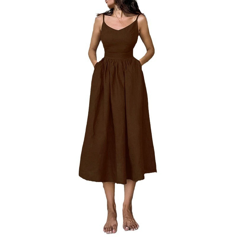 2026 Spring New Cross-border Women's Temperament Elegant V-Neck Suspender Sleeveless Sexy Open Back Solid Color Dress