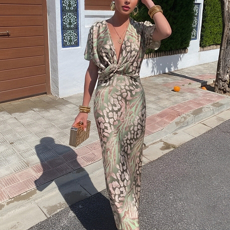 2026 Spring New Foreign Trade European and American Clothing Temperament Print Sexy V-Neck Waist Twisted Short Sleeve Dress for Women