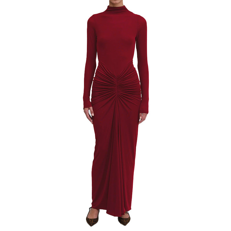 Vestido comprido de cintura subida em cor sólida, com um corte que remete para o estilo europeu e americano da Amazon em 2025. Elegante e moderno, com saia rodada e corte direito.