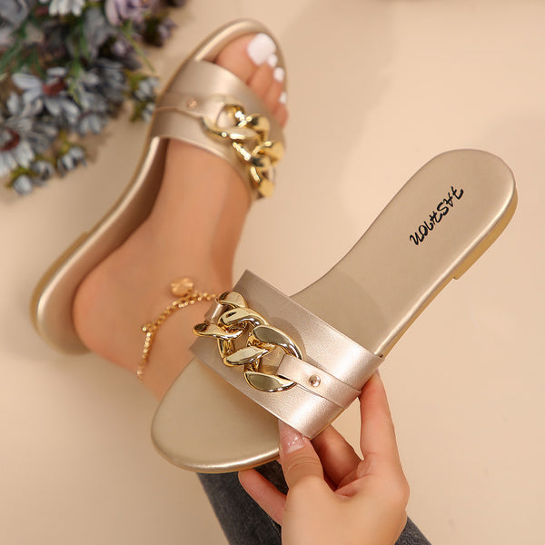 Cross-border dropshipping women's shoes women's fashion slippers solid color metal decoration square toe flat sole simple and comfortable solid color simple