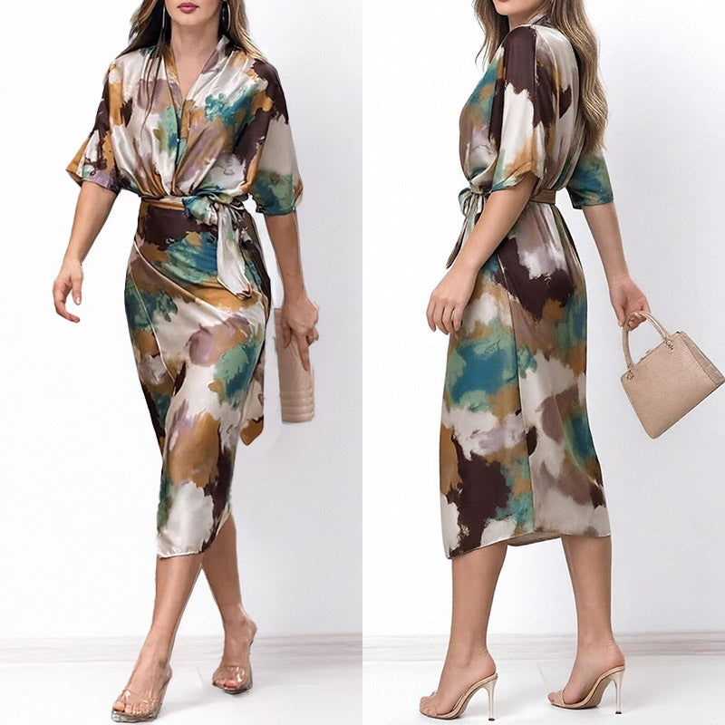 Spring 2026 European and American women's dresses new temperament fashion printed V-neck lace-up waist slim dress