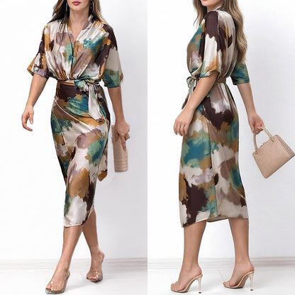 Spring 2026 European and American women's dresses new temperament fashion printed V-neck lace-up waist slim dress