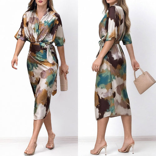 Spring 2026 European and American women's dresses new temperament fashion printed V-neck lace-up waist slim dress