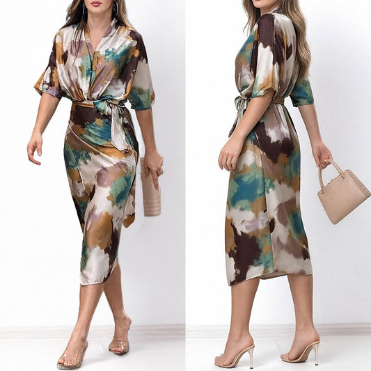 Spring 2026 European and American women's dresses new temperament fashion printed V-neck lace-up waist slim dress