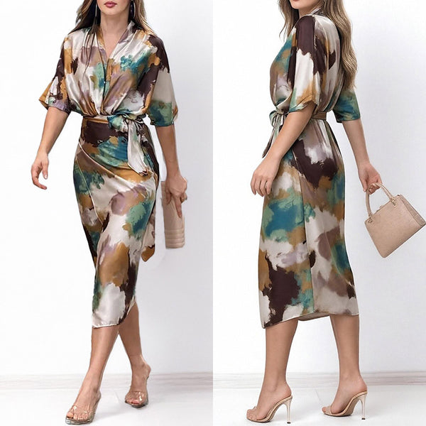 Spring 2026 European and American women's dresses new temperament fashion printed V-neck lace-up waist slim dress