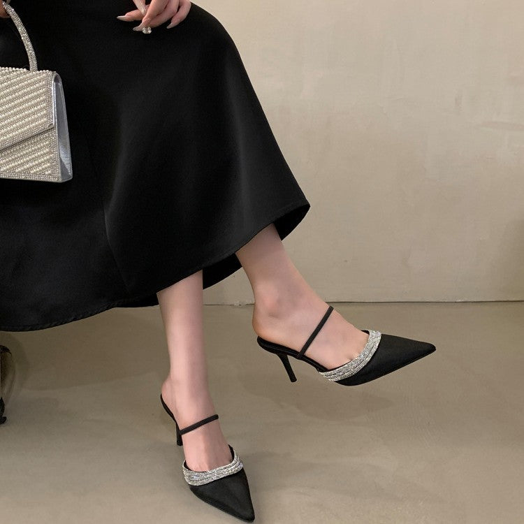 Spring 2026 rhinestone-embellished silk satin pointed heels heeled heels women's shoes wrapped toe shallow half slippers European and American style