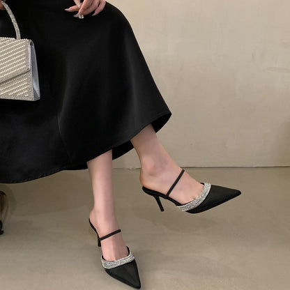 Spring 2026 rhinestone-embellished silk satin pointed heels heeled heels women's shoes wrapped toe shallow half slippers European and American style
