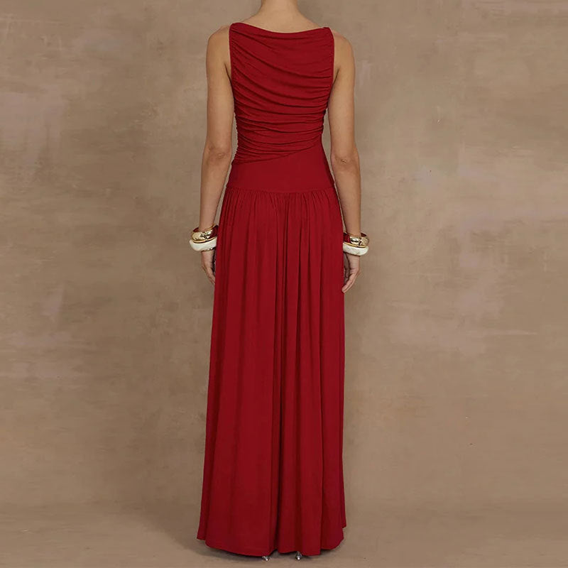 2026 Spring New European and American Cross-border Dress Fashionable Temperament Solid Color Slim Pleated Pleated Dress