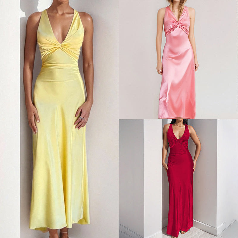 Independent station spring 2026 new cross-border women's clothing sexy V-neck pleated slim slim temperament fashion dress