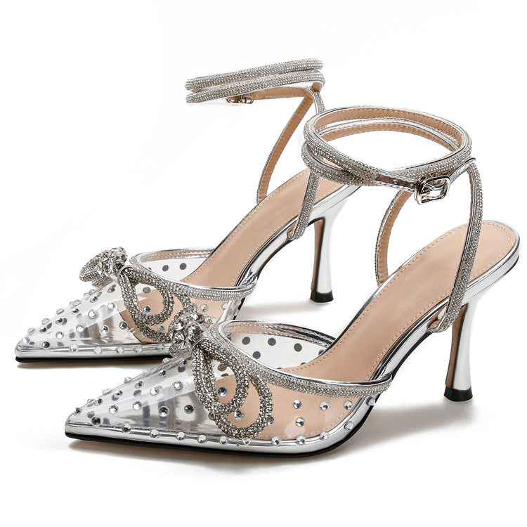Huizhou new rhinestone transparent high-heeled sandals, women's stiletto heels, pointed toes, European and American high-heeled shoes, with a toe foreign trade