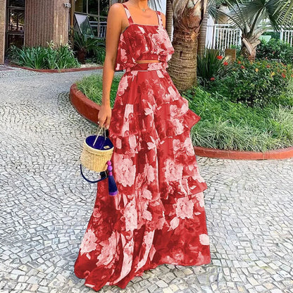 Cross-border 2026 Amazon European and American Clothing New Fashion Floral Top Suspender Ruffled Cake Skirt Set for Women