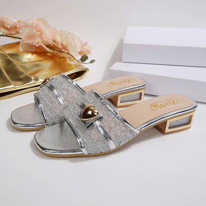European and American cross-border foreign trade wholesale high-heeled sandals, women's slippers, elegant chain decorative buttons, square-toe sandals