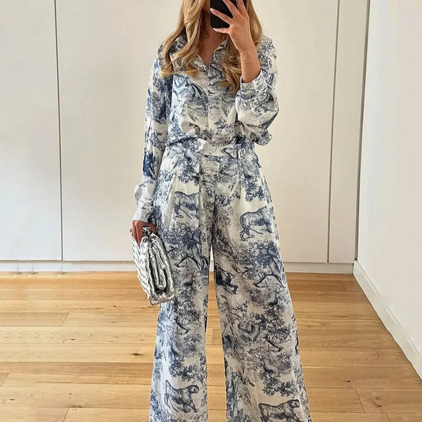 Foreign trade cross-border European and beautiful women's clothing 2026 suit fashion printed lapel shirt lazy style spring and summer fashion suit women
