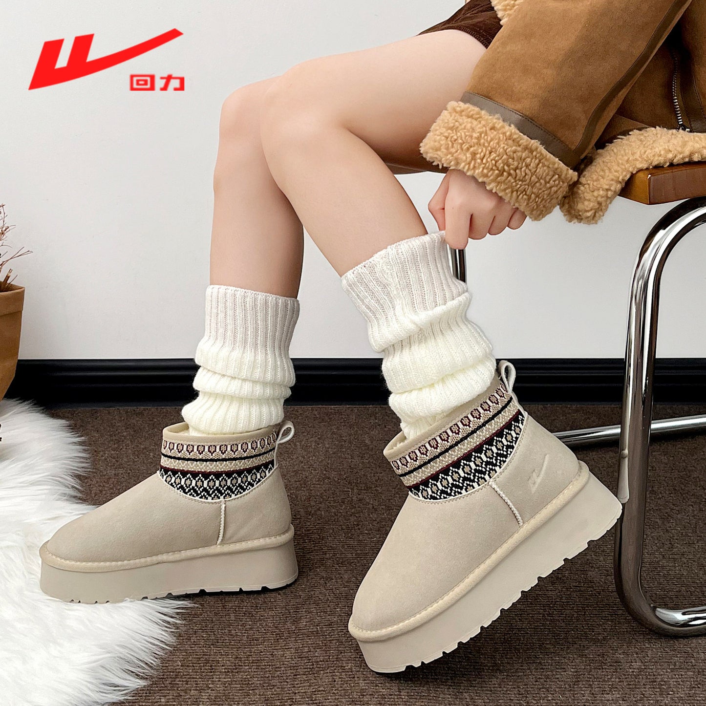 Warrior women's snow boots, 2025 new winter fleece-lined thickened warm cotton shoes, thick-soled fashionable cute board shoes
