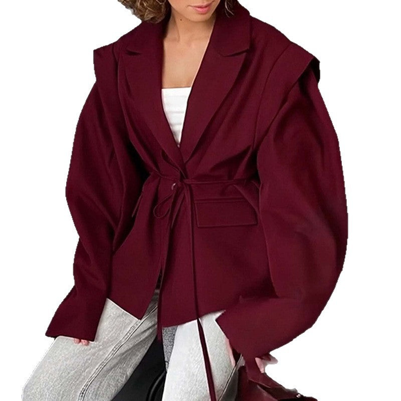 Amazon's new cross-border European and American fashion for autumn and winter 2025, waist slimming, loose lace-up and versatile V-neck jacket for women