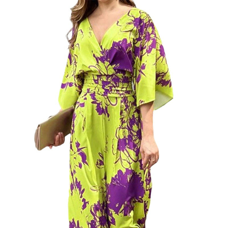 2026 New European Women's Clothing ins Fashion Elegant Printed Bat Sleeve Waist V-Neck Women's Jumpsuit Women 661