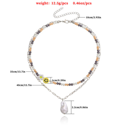 European and American cross-border jewelry, fashion double-layer crystal paper clip, smiley face, special-shaped pearl pendant necklace, female fairy style