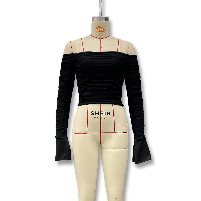 Amazon European and American Women's Clothing 2024 Spring New Arrivals Sexy Off-the-Shoulder Slim Mesh Bell Sleeve Long Sleeve T-Shirt Women