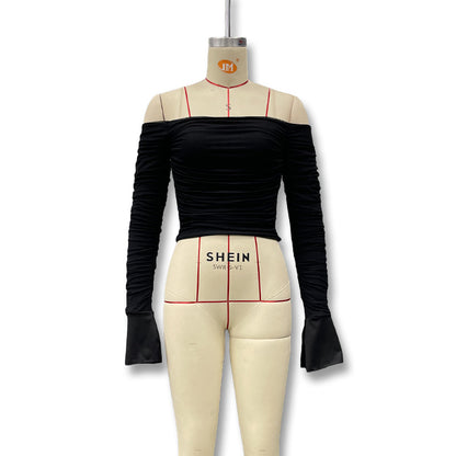 Amazon European and American Women's Clothing 2024 Spring New Arrivals Sexy Off-the-Shoulder Slim Mesh Bell Sleeve Long Sleeve T-Shirt Women