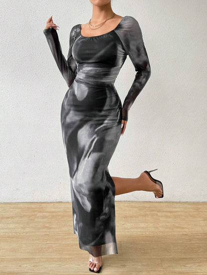 Spot cross-border 2024 European and American Amazon mesh print ruffle sexy skinny slit square neck line dress