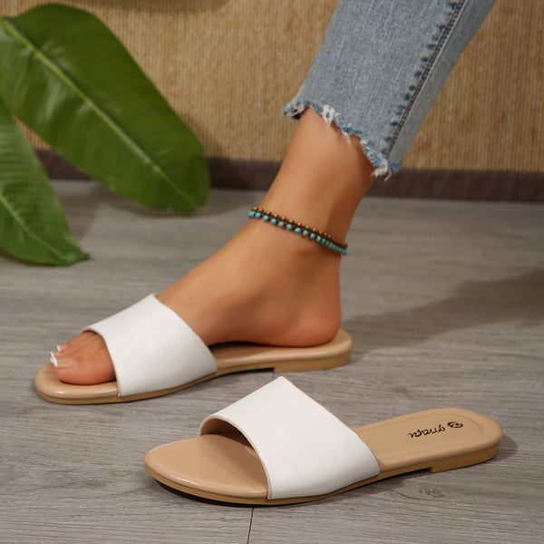 Cross-border women's shoes, women's slippers, versatile solid color metallic decorative round toe flat sandals, flat heel, lightweight casual and versatile