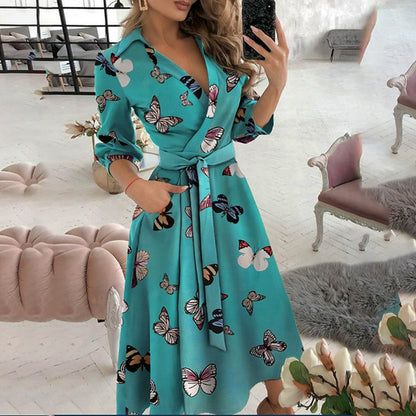 2026 Amazon AliExpress European and American Foreign Trade Women's Fashion Printed Long Sleeve V-neck Hip Wrap Commuter Dress 661