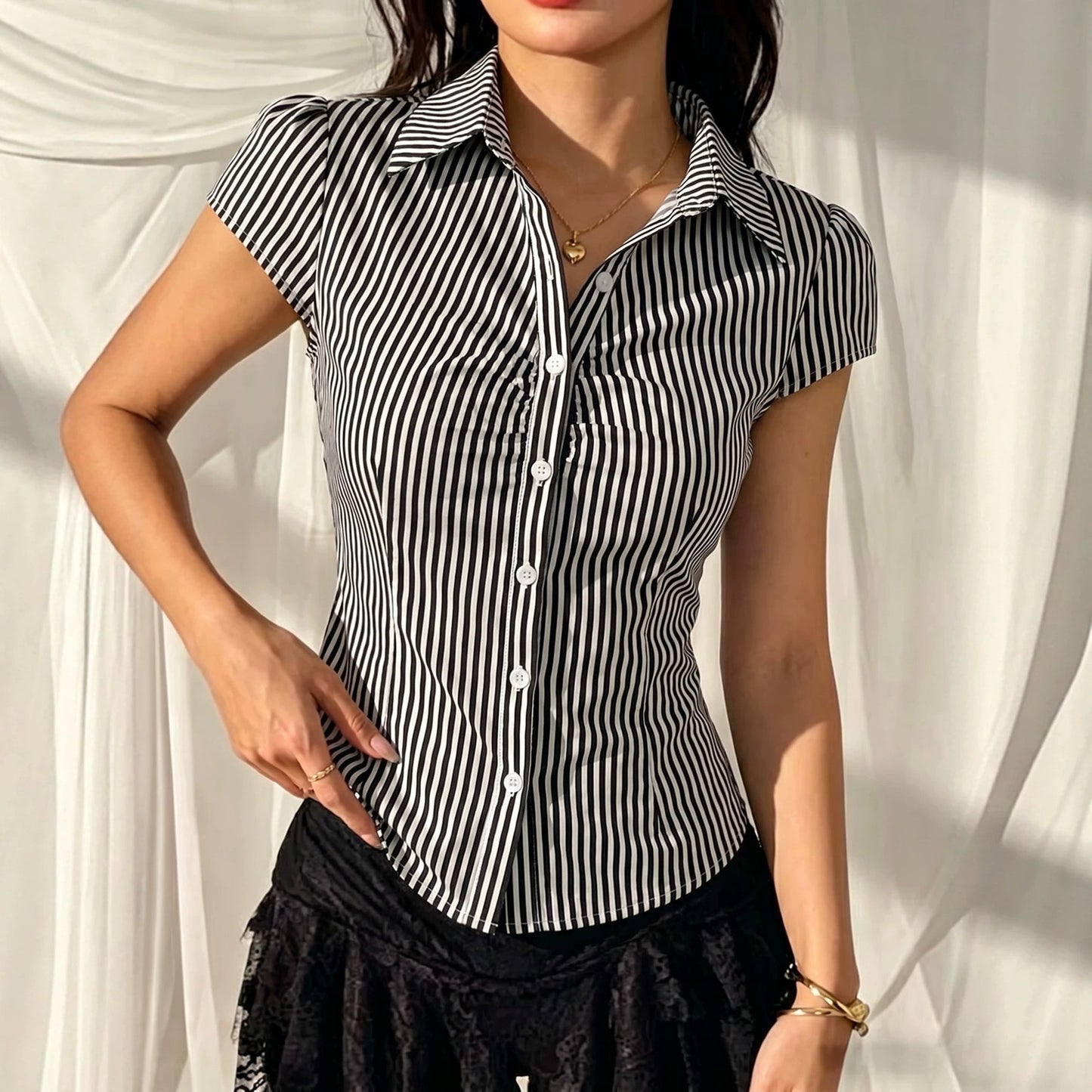 Cross-border European and American front-pleated short-sleeve striped women's shirt, slim and slimming, new versatile summer commuting style