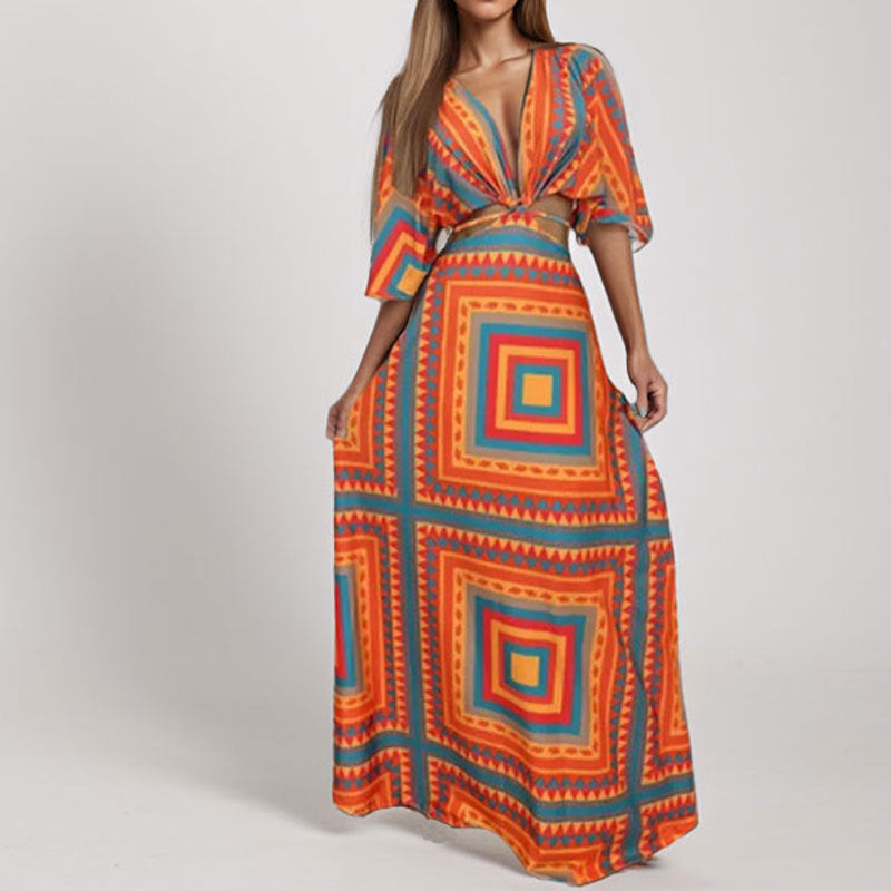 Spring 2026 New Amazon European Women's Fashion Print Sexy Deep V Waistless Strap Dress 661