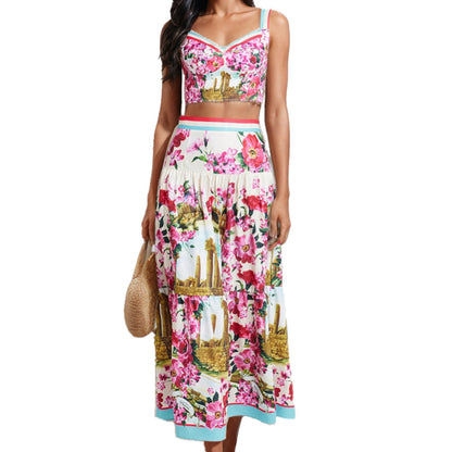 Cross-border spring 2025 new European and American clothing sexy patchwork bandeau camisole skirt fashion set two-piece set