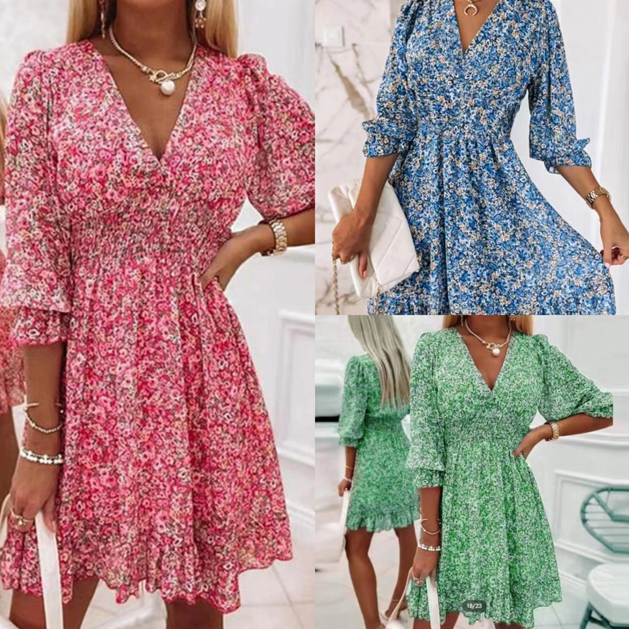 Amazon foreign trade European beauty clothing wish AliExpress ebay floral skirt dress short sleeve bohemian high waist