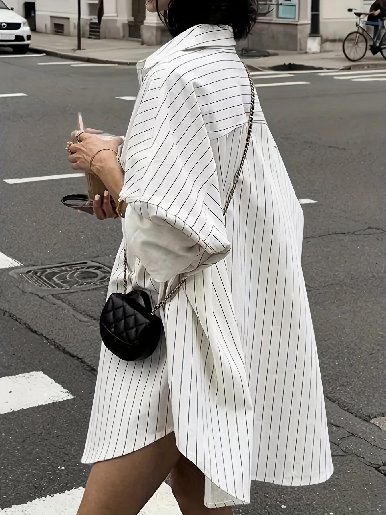 Cross-border loose and lazy vertical stripe loose shirt for women, mid-length long-sleeve shirt for spring and summer