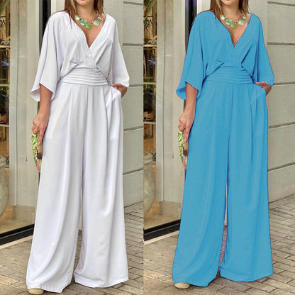 European and American clothing 2025 spring European and American jumpsuits, temperament, wide-leg pants, loose sleeves, V-neck, waist pocket jumpsuit