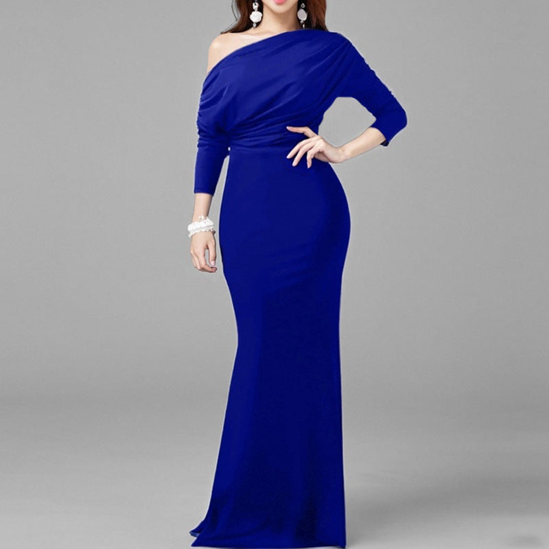 2025 Summer Amazon Cross-border European and American Fashion New Temperament Elegant and Fashionable Solid Color Hip Wrapping Slanted Shoulder Dress