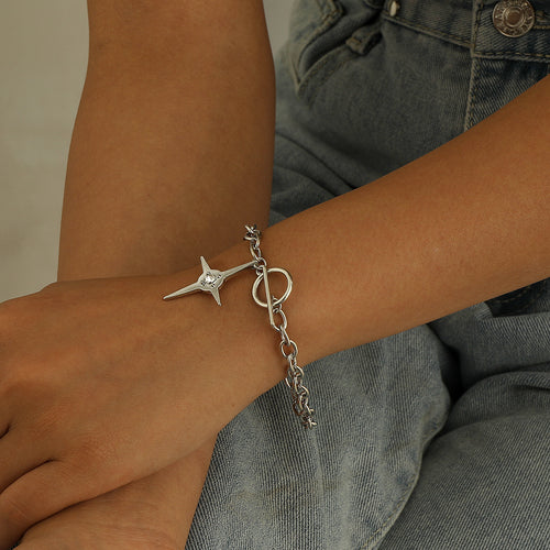 European and American cross-border jewelry New geometric cross with diamonds star bracelet women's simple and fashionable thick iron chain bracelet