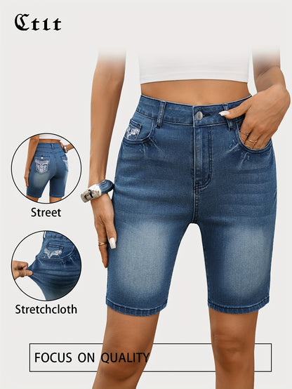 Summer new women's elegant denim culottes cargo pants women's anti-light A-shaped pocket embroidery slimming